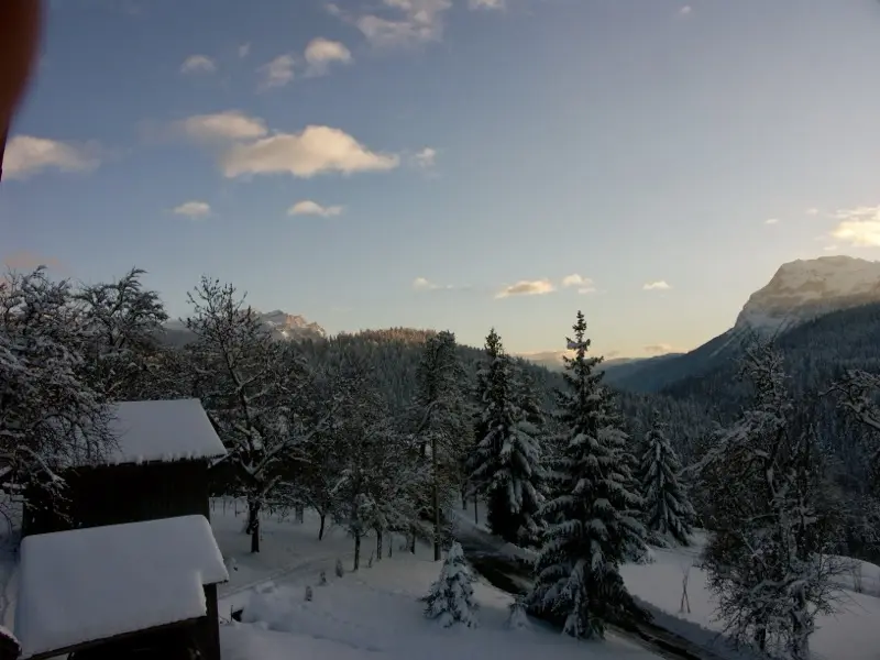 Vue sur les montagnes enneigées depuis la maison
